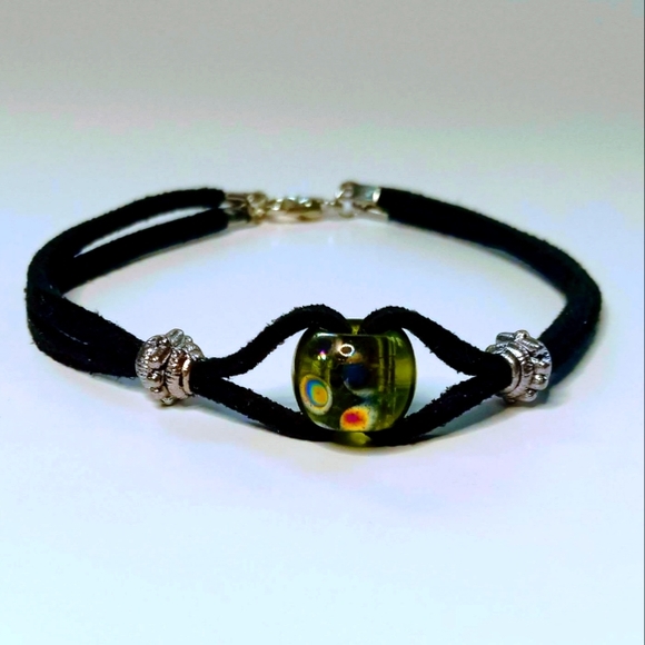 Metallic Green European Bead Silver Leather Bracelet - Picture 1 of 1